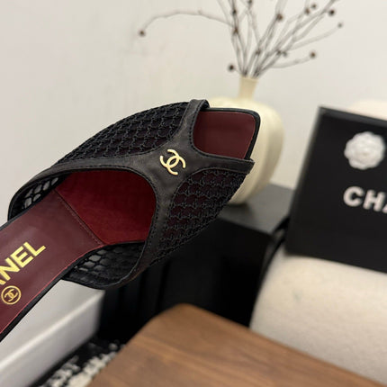 CHANEL 26S COCO BEACH MULES IN BLACK MESH AND FARBIC