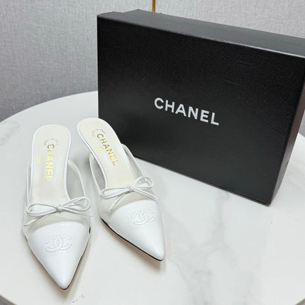 CC HEEL MULES 25S IN WHITE MESH FABRIC AND LAMBSKIN WITH BOW