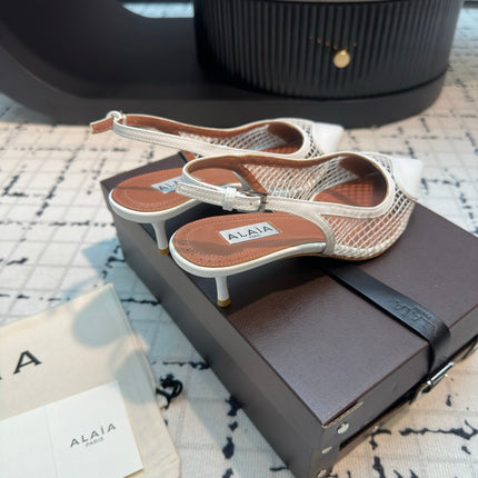 ALAIA SLINGBACKS 5 CM IN WHITE CALFSKIN WITH MESH
