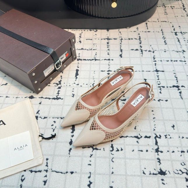 ALAIA SLINGBACKS 5 CM IN BEIGE CREAM CALFSKIN WITH MESH