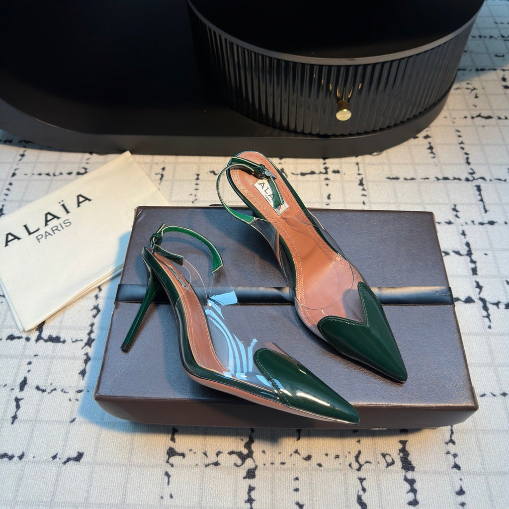 HIGH SLINGBACK 25S 90 MM IN DARK GREEN CALFSKIN