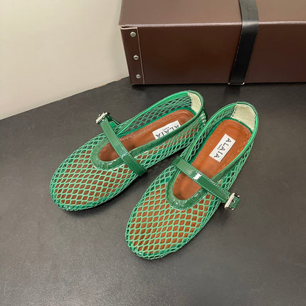 ALAIA BALLET FLATS IN COOL GREEN MESH FISHNET