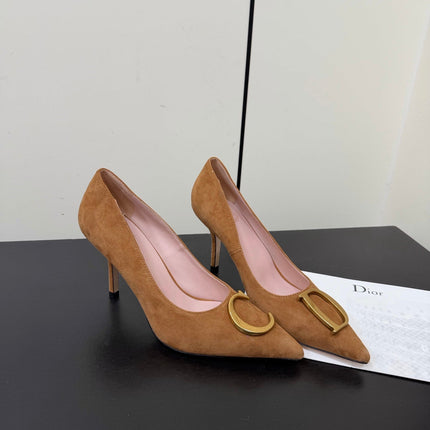 DIOR 26S POINTED-TOE HIGH HEELS 70MM IN TAN BROWN SUEDE GOLD HARDWARE