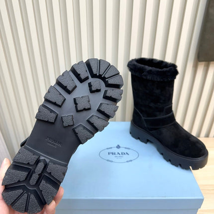 PRADA 25S MARTIN BOOTS IN DARK NAVY BLUE SUEDE FUR-LINED