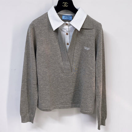 PRADA 26S V-NECK KNIT TOP WITH SHIRT COLLAR 1314