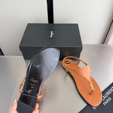 YSL 26S THONG SANDALS IN TAN BROWN CALFSKIN WITH GOLD HARDWARE