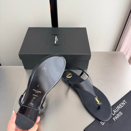 YSL 26S THONG SANDALS IN BLACK CALFSKIN WITH GOLD HARDWARE
