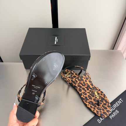 YSL 26S THONG SANDALS IN LEOPARD-PRINT CANVAS WITH GOLD HARDWARE