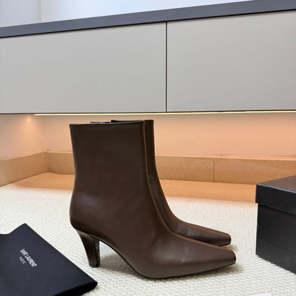 YSL 26S HEELED ANKLE BOOTS 70 MM IN DARK BROWN LAMBSKIN