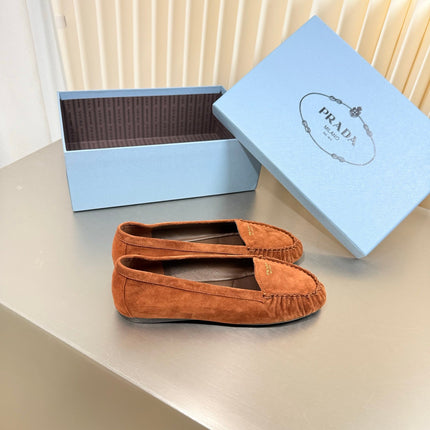 PRADA 26S CLASSIC LOAFERS IN COGNAC BROWN SUEDE