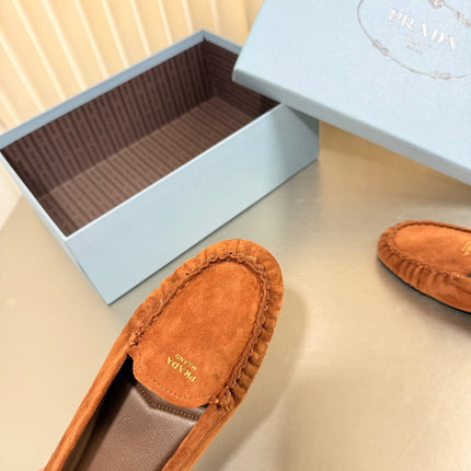 PRADA 26S CLASSIC LOAFERS IN COGNAC BROWN SUEDE