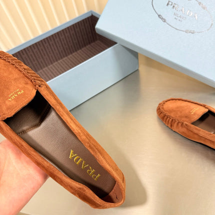 PRADA 26S CLASSIC LOAFERS IN COGNAC BROWN SUEDE