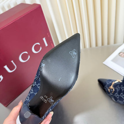 GUCCI 26S HORSEBIT BOOTS 105 MM IN NAVY BLUE DENIM AND LEATHER