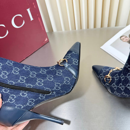 GUCCI 26S HORSEBIT BOOTS 105 MM IN NAVY BLUE DENIM AND LEATHER