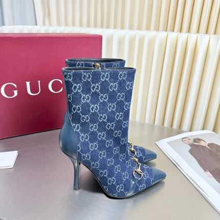 GUCCI 26S HORSEBIT BOOTS 105 MM IN NAVY BLUE DENIM AND LEATHER
