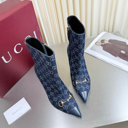 GUCCI 26S HORSEBIT BOOTS 105 MM IN NAVY BLUE DENIM AND LEATHER