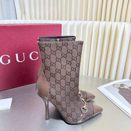 GUCCI 26S HORSEBIT BOOTS 105 MM IN DARK BROWN LEATHER AND CANVAS