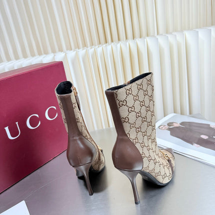 GUCCI 26S HORSEBIT BOOTS 105 MM IN BROWN LEATHER AND BEIGE CANVAS