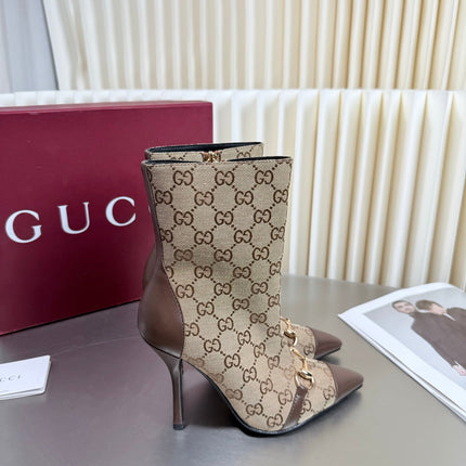 GUCCI 26S HORSEBIT BOOTS 105 MM IN BROWN LEATHER AND BEIGE CANVAS
