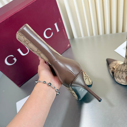 GUCCI 26S HORSEBIT BOOTS 105 MM IN BROWN LEATHER AND BEIGE CANVAS