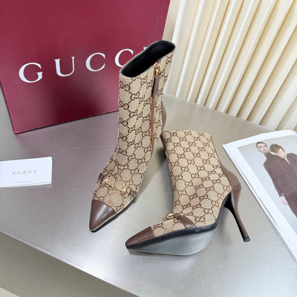 GUCCI 26S HORSEBIT BOOTS 105 MM IN BROWN LEATHER AND BEIGE CANVAS
