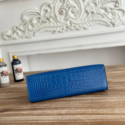 HM 25S KELLY MINI 22 CM IN COBALT BLUE LAMBSKIN WITH CROCODILE EMBOSSING AND SILVER HARDWARE