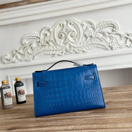 HM 25S KELLY MINI 22 CM IN COBALT BLUE LAMBSKIN WITH CROCODILE EMBOSSING AND SILVER HARDWARE