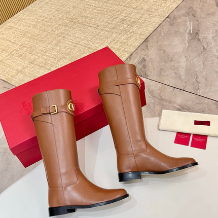 VALENTINO 26S TALL BOOTS IN COGNAC BROWN CALFSKIN