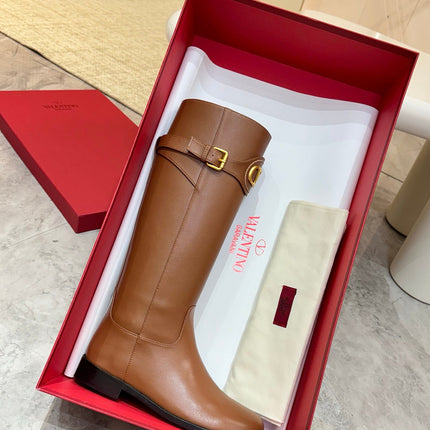 VALENTINO 26S TALL BOOTS IN COGNAC BROWN CALFSKIN
