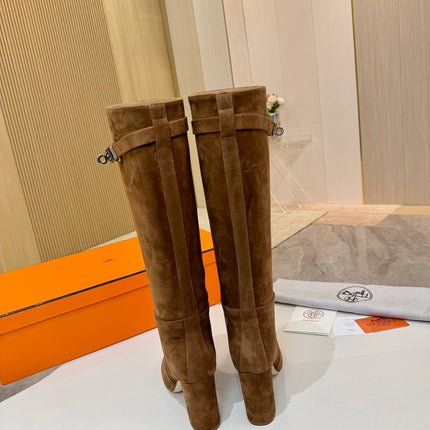 HM 25S KELLY KNEE-HIGH BOOTS IN BROWN SUEDE WITH SILVER HARDWARE