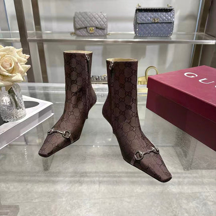 GUCCI 26S HORSEBIT ANKLE BOOTS 55 MM IN DARK BROWN GG CANVAS