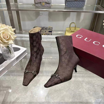 GUCCI 26S HORSEBIT ANKLE BOOTS 55 MM IN DARK BROWN GG CANVAS