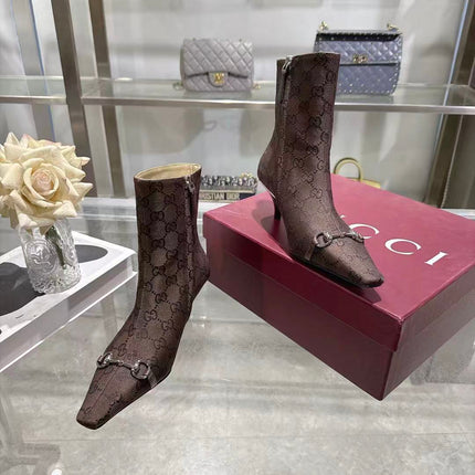 GUCCI 26S HORSEBIT ANKLE BOOTS 55 MM IN DARK BROWN GG CANVAS