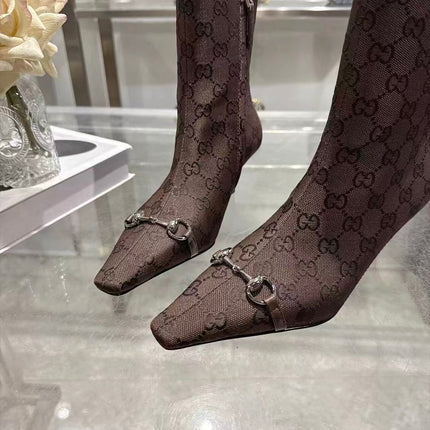 GUCCI 26S HORSEBIT ANKLE BOOTS 55 MM IN DARK BROWN GG CANVAS