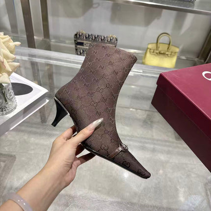 GUCCI 26S HORSEBIT ANKLE BOOTS 55 MM IN DARK BROWN GG CANVAS