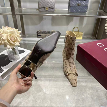 GUCCI 26S HORSEBIT ANKLE BOOTS 55 MM IN BEIGE GG CANVAS