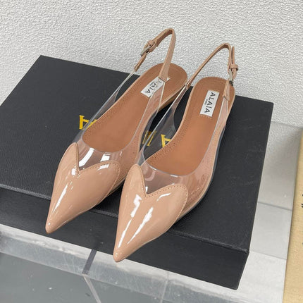 ALAIA LE COEUR FLAT SLINGBACKS IN BEIGE PATENT LAMBSKIN