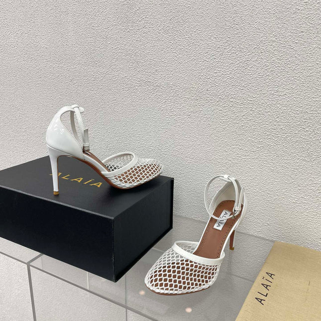 ALAIA HIGH FISHNET 9 CM PUMPS IN WHITE MESH