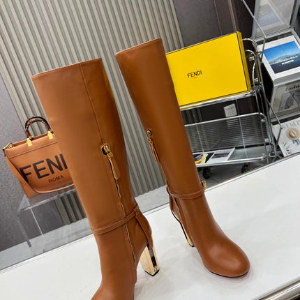 FF HIGH BOOTS IN TAWNY BROWN CALFSKIN GOLD HARDWARE