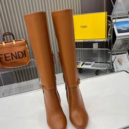 FF HIGH BOOTS IN TAWNY BROWN CALFSKIN GOLD HARDWARE