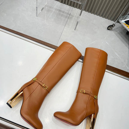 FF HIGH BOOTS IN TAWNY BROWN CALFSKIN GOLD HARDWARE