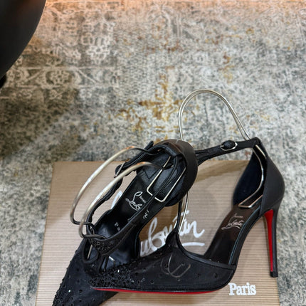 CHRISTIAN LOUBOUTIN 26S T-STRAP PUMPS 100 MM IN BLACK MESH RHINESTONE EMBELLISHMENTS