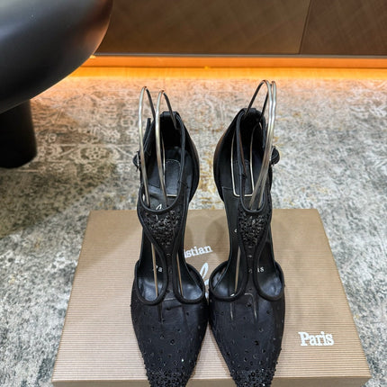 CHRISTIAN LOUBOUTIN 26S T-STRAP PUMPS 100 MM IN BLACK MESH RHINESTONE EMBELLISHMENTS