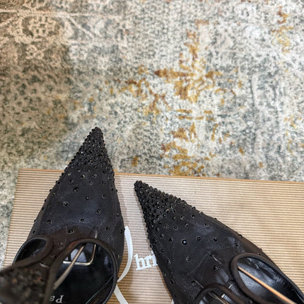 CHRISTIAN LOUBOUTIN 26S T-STRAP PUMPS 100 MM IN BLACK MESH RHINESTONE EMBELLISHMENTS