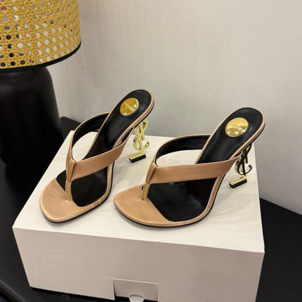 YSL 26S TOE-POST HIGH HEEL SANDALS IN SANDY BROWN SATIN