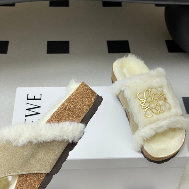 LOEWE X BIRKENSTOCK SLIPPERS WHITE GRAY FUR