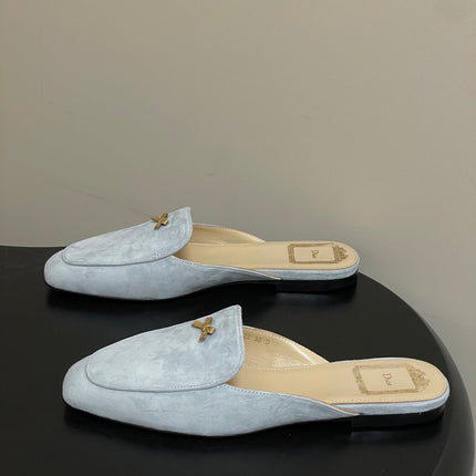 DIOR 26S MULES IN LIGHT BLUE GRAY SUEDE WITH BOW