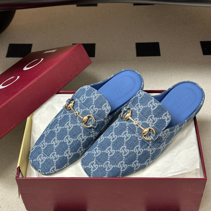 GUCCI 26S HORSEBIT LOAFER MULES IN BLUE DENIM