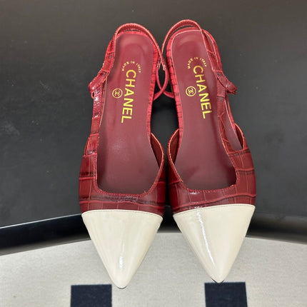 CHANEL 26S POINTED TOE SLINGBACKS IN DARK RED AND WHITE LAMBSKIN