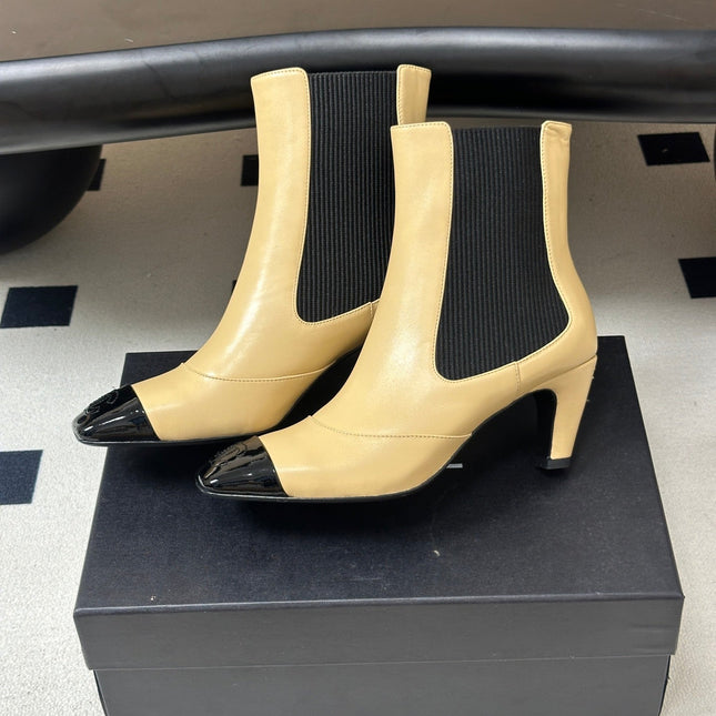 CHANEL 26S ANKLE BOOTS 60 MM IN BEIGE CALFSKIN AND BLACK PATENT